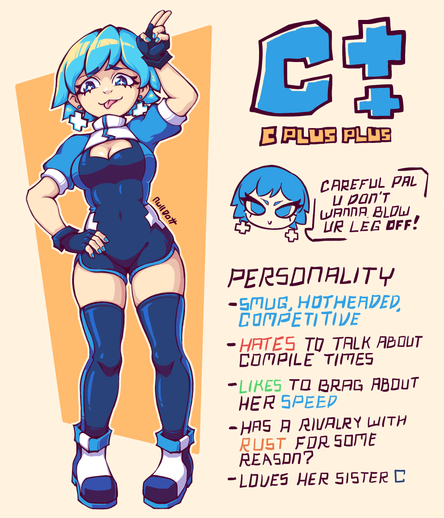 A humanized version of C++ in the shape of a blue haired anime girl, wearing earrings shaped like a plus sign, fingerless gloves, thigh highs and a bodysuit, besides her, there's a small chibi headshot of herself saying: 

"Careful pal, you don't wanna blow your leg off!"

Followed by a list of her personality traits, likes and dislikes.

Personality:

- Smug, hotheaded and competitive
- Hates to talk about compile times
- Likes to brag about her speed
- Has a rivalry with Rust for some reason?
- Loves her sister C