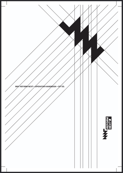 screenshot of the print file for the MNT Reform Next Operator Handbook. it's front+spine+back cover all in one, with crop marks in the corners.
