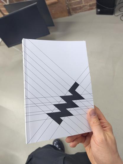 pov me holding the book with black-on-white line art on the cover. it's A5 sized