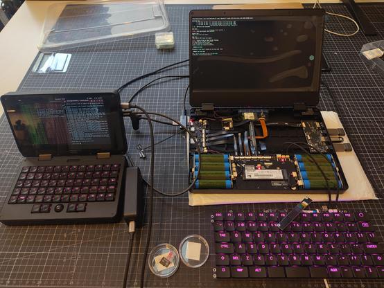the first production MNT Reform Next being checked and installed. i used my MNT Pocket Reform to flash the System Controller and do the bringup.