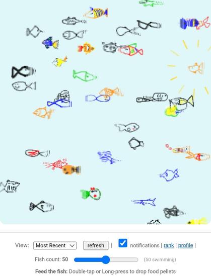 Fifty hand drawn goldfish swimming in a tank (a screenshot of)