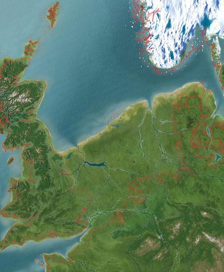 A map of Doggerland as it looked around 11,000 years ago at the beginning of the Holocene Epoch. The red outlines mark today’s coastlines of Great Britain and Europe which are joined together between Belgium France Netherlands and England