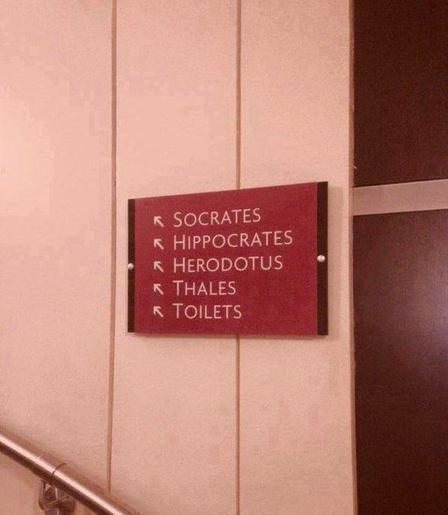 A directional arrow sign listing famous ancient Greek figures followed by "Toilets" at the bottom. 

Socrates: Ancient Greek philosopher (470–399 BC).

Hippocrates: Ancient Greek physician known as the father of medicine (c. 460–375 BC).

Herodotus: Ancient Greek historian known as the father of history (c. 484–425 BC).

Thales: Early pre-Socratic Greek philosopher from Miletus (c. 624–546 BC).

Toilets: