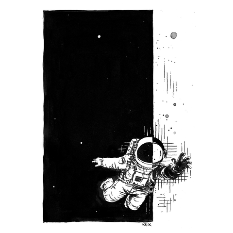 A black and white ink drawing on A4 paper featuring an astronaut floating in space. The composition is divided vertically: the left side is a solid, inverted black void with tiny white stars, while the right side is white with vertical lines, dots, and splatters. The astronaut is positioned at the boundary between these two areas, with their body partly in the black space and their left arm reaching out into the white space, appearing to cross the edge of the dark block. The space behind the astronaut appears to be inverted.