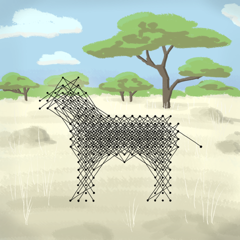 A sketch of a savanna. In the foreground, there's a graph with lots of edges that looks a bit like a horse-shaped animal!