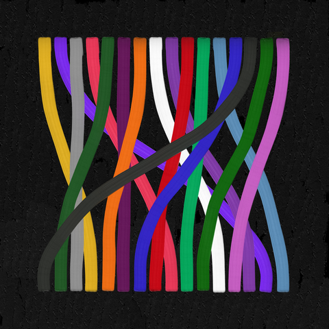 16 thick lines in different colors, that start in one order at the top, and end in another order at the bottom. The strokes look like they've been pasted with thick oil paint.