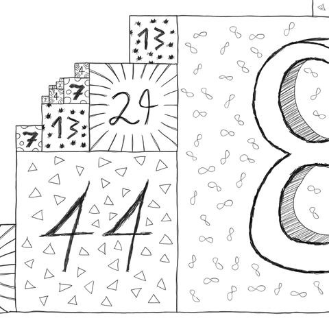 A pencil drawing showing squares. Three squares define the size of the next square, which is then drawn below it or to the right of it.