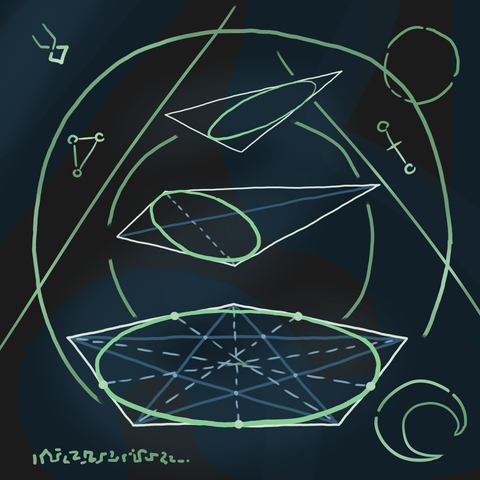 A drawing involving a pentagon, a quadrilateral, and a triangle, all with ellipses inside of them. Around that, some random symbols.