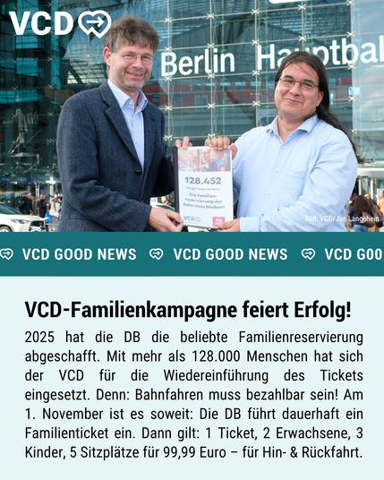 VCD-Good-News. Auf dem Bild sieht man den VCD-Bundesvorsitzenden Matthias Kurzeck und den VCD-Bahnexperten Alexander Kaas Elias vor dem Berliner Hauptbahnhof. Beide lächeln und halten ein Dokument in der Hand, das die über 128.000 Unterschriften der VCD-Petition für die Wiedereinführung des Deutschlandtickets beinhaltet. Darunter steht folgender Text: "VCD-Familienkampagne feiert Erfolg! 2025 hat die DB die beliebte Familienreservierung abgeschafft. Mit mehr als 128.000 Menschen hat sich der VCD für die Wiedereinführung des Tickets eingesetzt. Denn: Bahnfahren muss bezahlbar sein! Am 1. November ist es soweit: Die DB führt dauerhaft ein Familienticket ein. Dann gilt: 1 Ticket, 2 Erwachsene, 3 Kinder, 5 Sitzplätze für 99,99 Euro - für Hin- und Rückfahrt.
