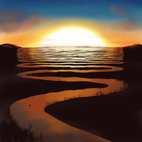 Digital painting: A river snaking towards the horizon in increasingly dense curves. Behind that, a pretty sunset. A duck is swimming on the river.