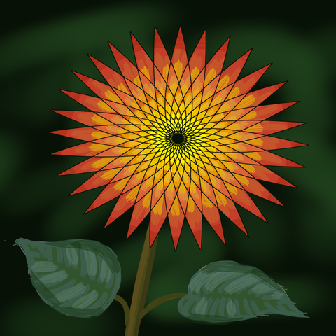 Lots of rotated parabolas intersect in a pattern that looks like a flower. Its colored red, orange and yellow, and some leaves have been drawn beneath it.
