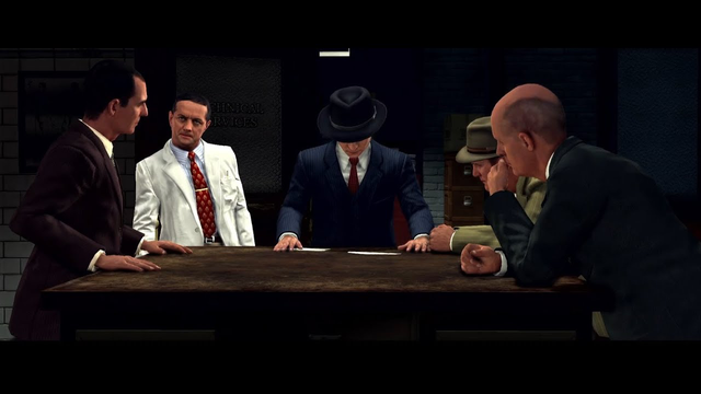 A cut scene where evidence is inspected in the basement of the LAPD Central division HQ, featuring Captain James Donnelly, Ray Pinker (a real figure formative in the LAPD's technical services section fictionalised in this game as he is in the James Ellroy novels that heavily inspired LA Noire), Cole Phelps, Rusty Galloway and the LA County Coroner, Malcolm Carruthers.