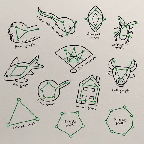 Digital ink drawing of twelve different green graphs. They all have cute names like "diamond graph" or "fish graph". In black ink, I drew what they represent.