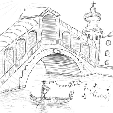 Digital pencil drawing of a Venetian bridge. The round curve below the bridge represents ln(ln(n)), a stair-shaped line represents the reciprocal prime sum. A gondolier sings the formula for the described constant!
