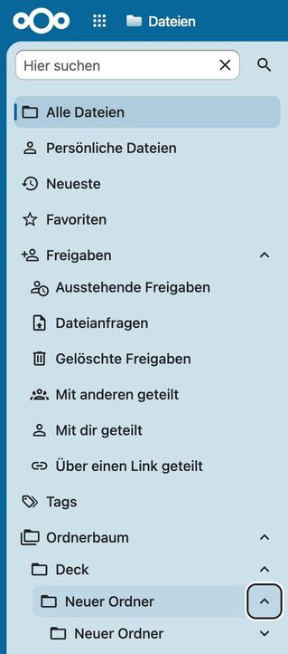 Original Nextcloud File App linke Sidebar.
Liste mit Ordnernamen und Icons.