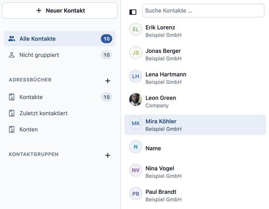 Kontaktliste in zurückhaltendem Design