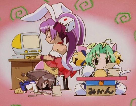 its the trio from digicharat, rabien rose, deijiko, and puchiko, gathered around making flyers for a party☆night. rabien rose is on a tangerine colored imac. scene is from the musical episode 15 of Di Gi Charat.