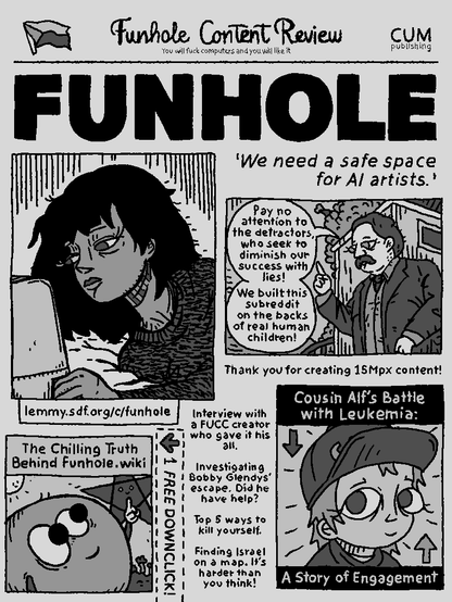 'we need a safe space for ai artists'  the chilling truth behind funhole.wiki; 1 free downclick; interview with a fucc creator who gave it his all; investigating bobby glendy's escape. did he have help?; top 5 ways to kill yourself; finding isreal on a map, it's harder than you think;  cousin alf's battle with leukemia: a story of engagement