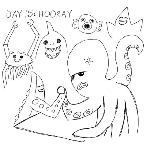 A spider crab, shark, puffer fish, and starfish smile and cheer as a starfish sitting at a table(?) seems poised to beat an octopus at arm wrestling. You ever have an idea and work on it really fast so you don't have to stop and think about its quality