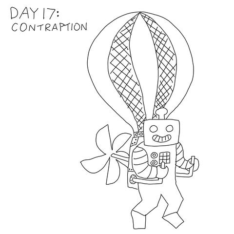 A boxy midcentury style robot is wearing kind of a jetpack, but it has a big propeller on the back and a hot air balloon on the top, the whole thing is kind of a mix of retrofuturism and steampunk. This robot is the same one that's in my header image as The Internet, so make of that what you will