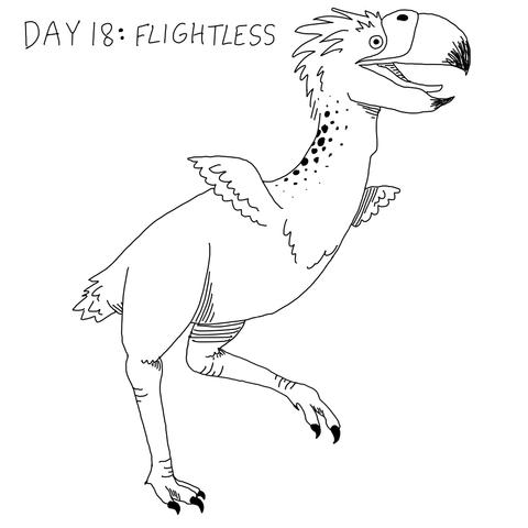 A sketch in thin black lines on white of a Phorusrhacos, the prehistoric South American "terror bird". They were huge flightless birds that were at the top of the food chain for a while, eating smaller mammals like tiny horses